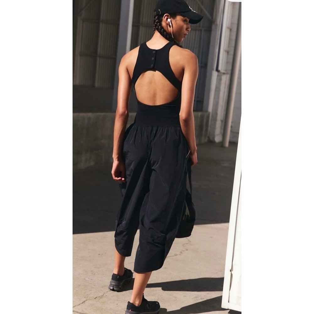 Free People Movement Plie Onesie Jumpsuit Black Ribbed Open Back Cropped Pant